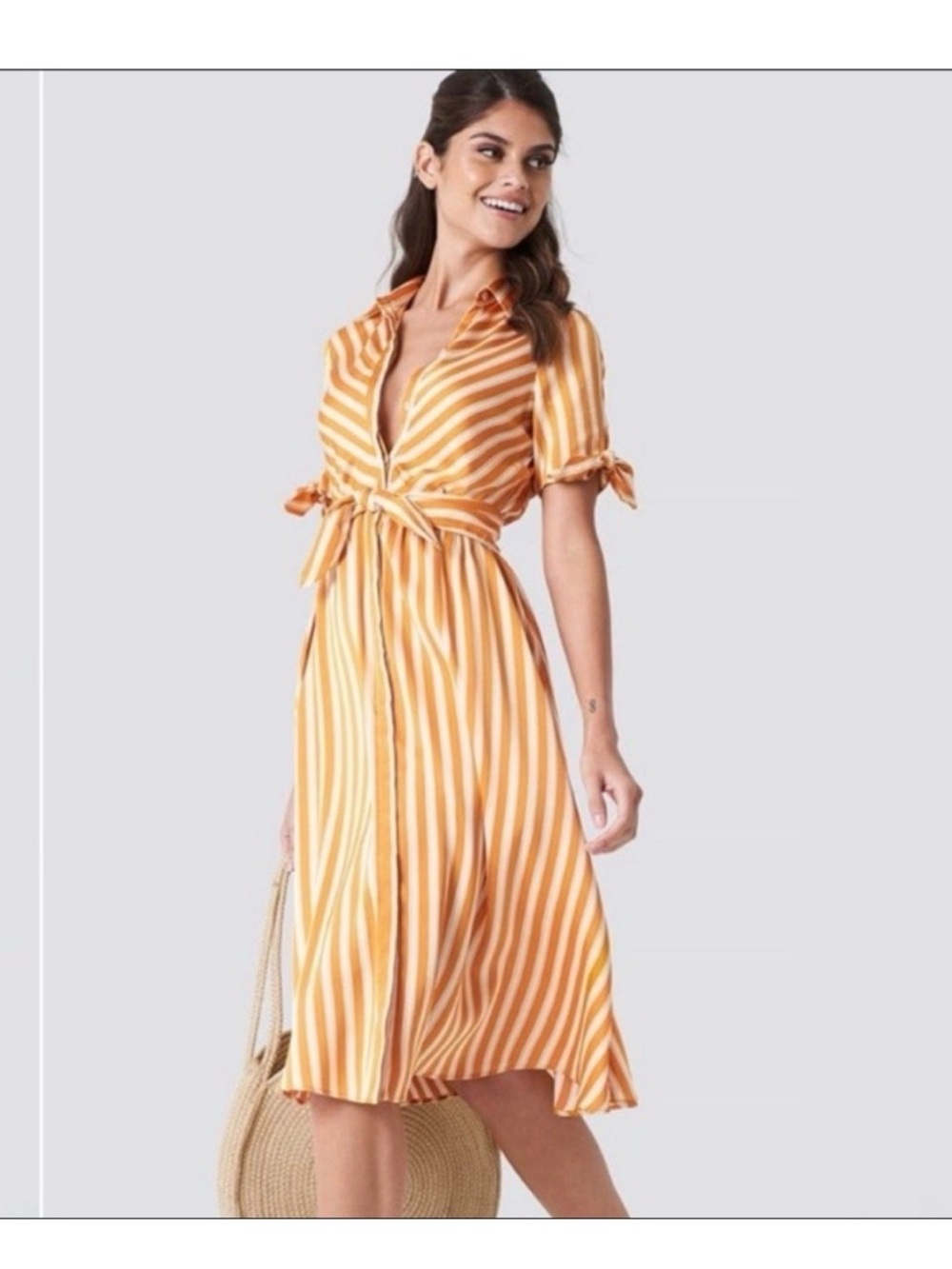 Mango Yellow Collared Stripe Midi Spring Dress size 2